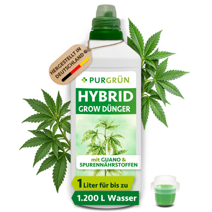 1-Liter-Flasche Purgrün Hybrid-Grow-Dünger mit Dosierkappe, Cannabisblüten und Anhänger „Hergestellt in Deutschland“.