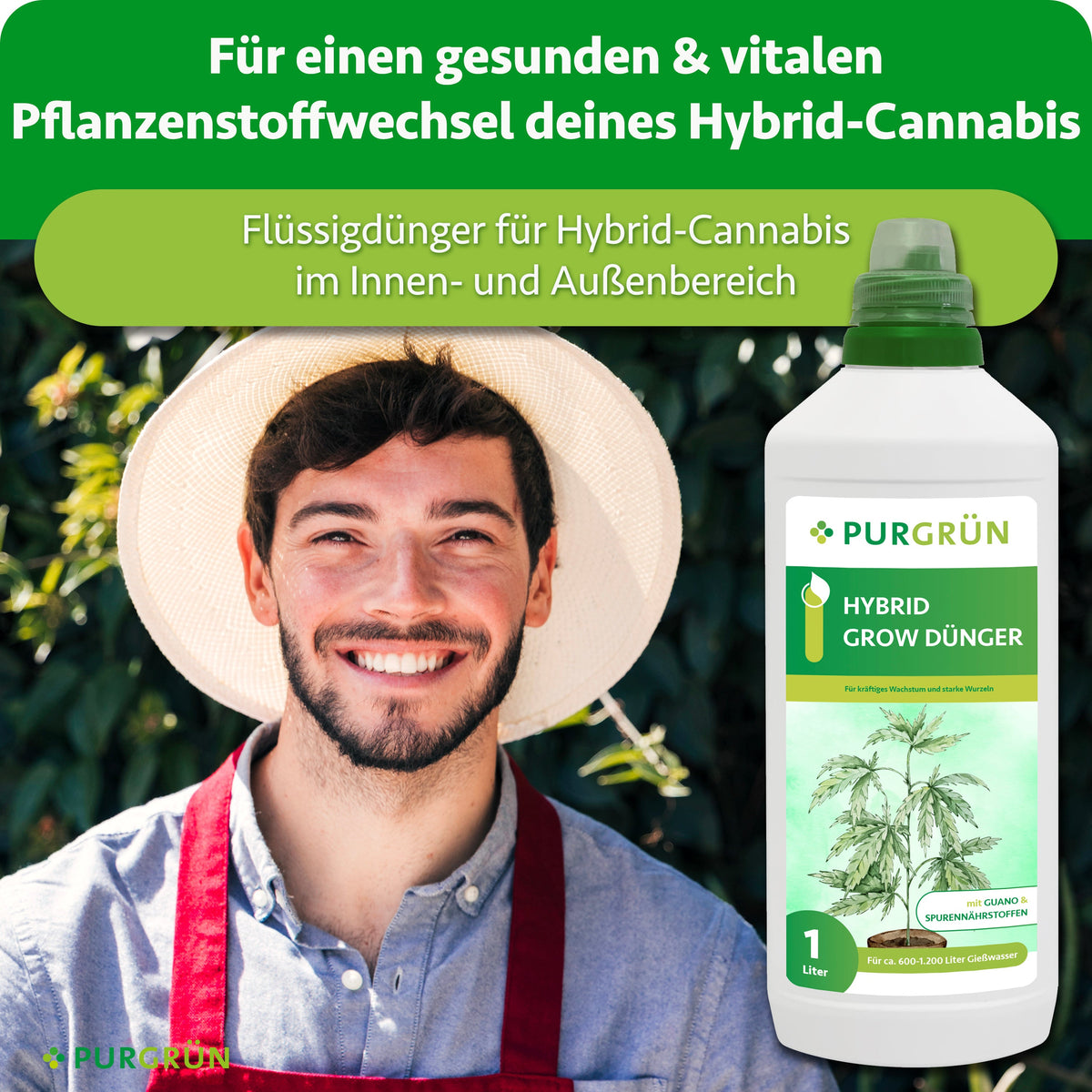 Lächelnder Gärtner neben dem Purgrün Hybrid-Grow-Dünger für Hybrid-Cannabis im Innen- und Außenbereich.