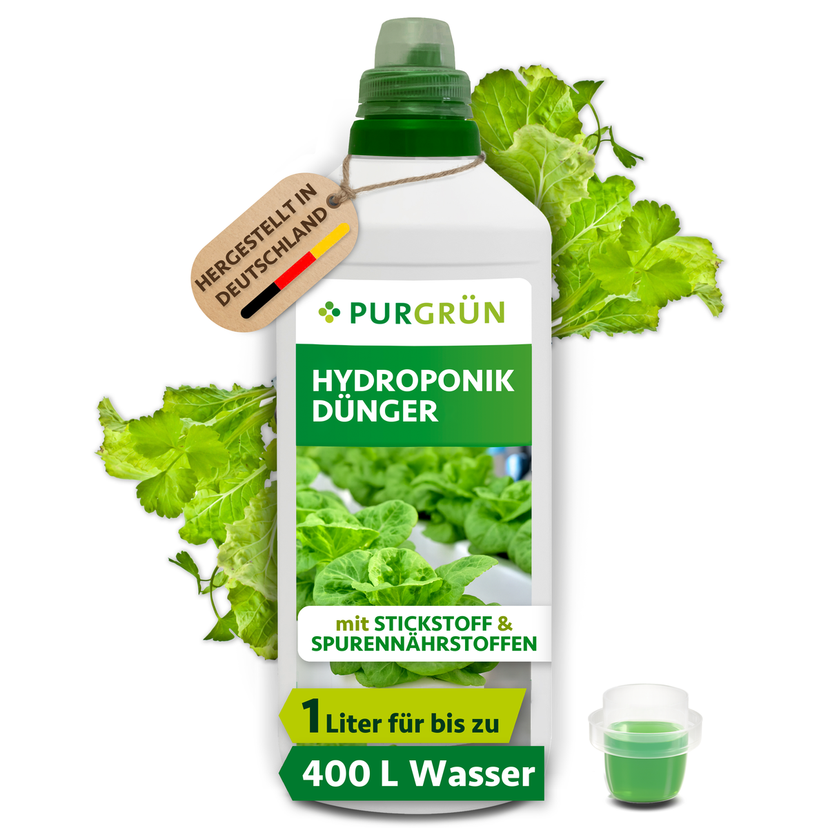 Purgrün Hydroponik-Dünger, 1 Liter, mit Dosierkappe; das Konzentrat reicht für bis zu 400 Liter Gießwasser.