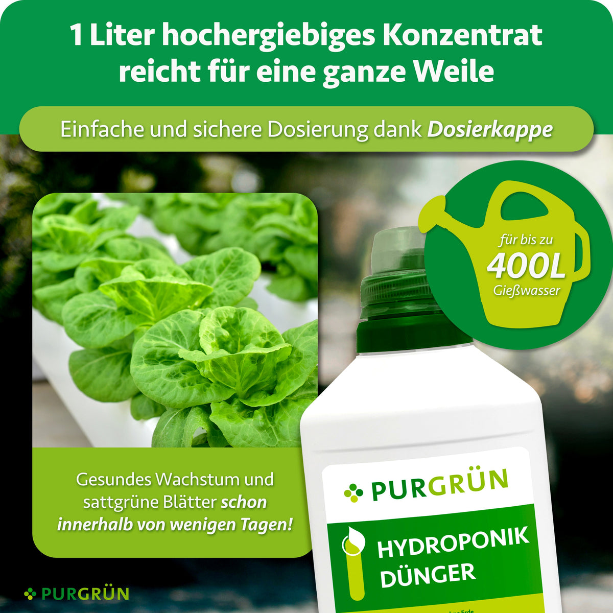1 Liter Konzentrat reicht für bis zu 400 Liter Gießwasser und lässt sich mit der Dosierkappe einfach dosieren.