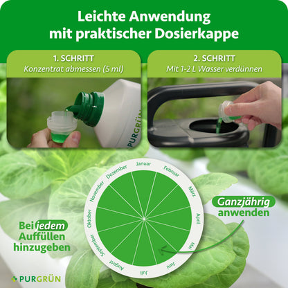 Anwendung: 5 ml Konzentrat abmessen und mit 1–2 Litern Wasser verdünnen. Bei jedem Auffüllen ganzjährig hinzugeben.