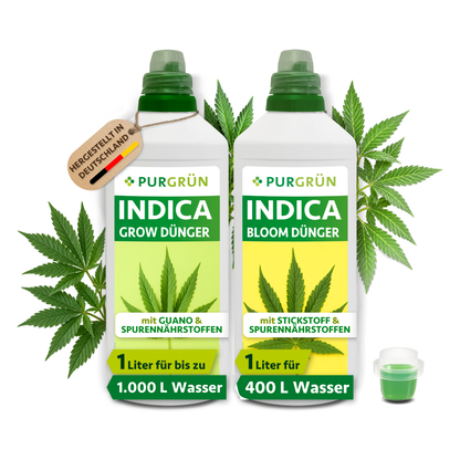Indica-Dünger-Set mit je 1 Liter Grow- und Bloom-Dünger, beide Flaschen mit Dosierkappe.