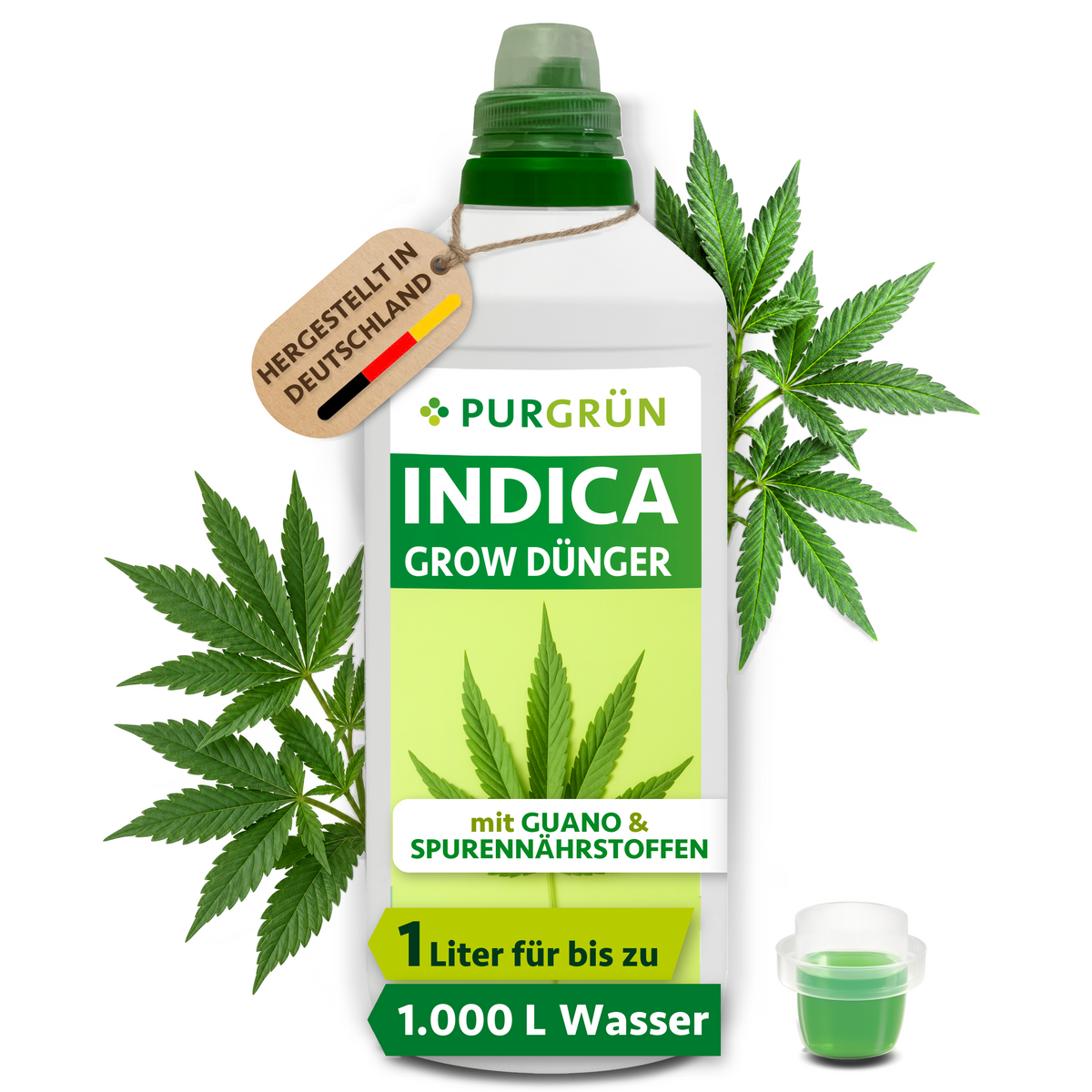 Purgrün Indica-Grow-Dünger in der 1-Liter-Flasche mit Dosierkappe, Guano und Spurennährstoffen; ausreichend für ca. 600–1.000 Liter Gießwasser.