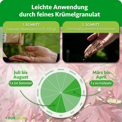 Anwendung: ca. 75–250 g Granulat abmessen, gleichmäßig verteilen und einarbeiten. Je einmal im März bis April und im Juli bis August düngen.