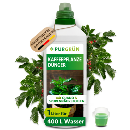 Purgrün Kaffeepflanze-Dünger, 1 Liter, mit Dosierkappe; das Konzentrat reicht für ca. 400 Liter Gießwasser.