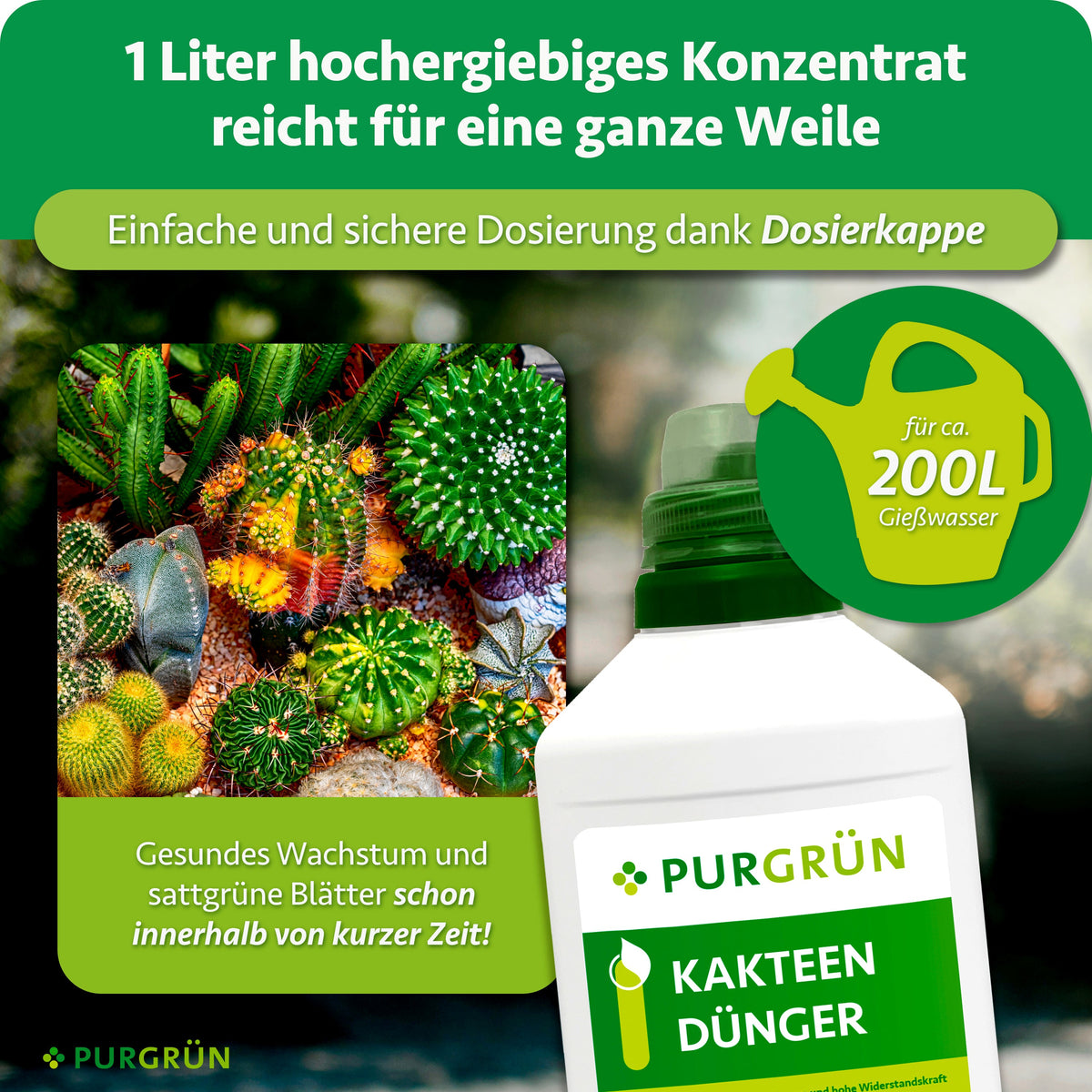 1 Liter Konzentrat reicht für ca. 200 Liter Gießwasser und lässt sich mit der Dosierkappe einfach und sicher abmessen.