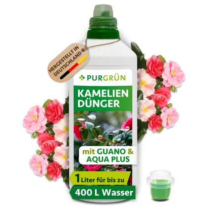 Purgrün Kameliendünger in der 1-Liter-Flasche mit Dosierkappe, Guano und Aqua Plus; reicht für bis zu 400 Liter Gießwasser.
