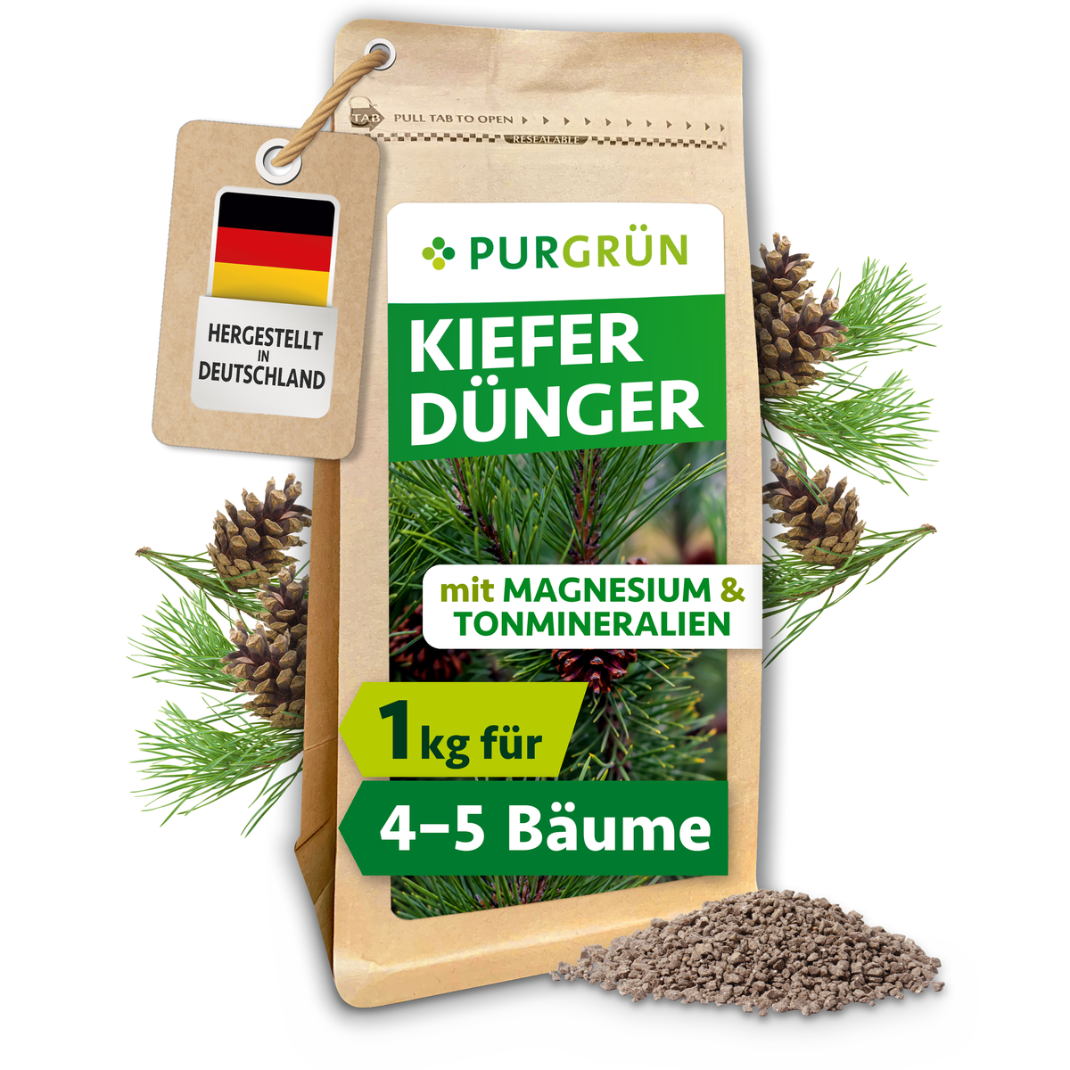 Purgrün Kiefer-Dünger im 1-kg-Beutel mit Krümelgranulat, Magnesium und Tonmineralien; ausreichend für ca. 4–5 Kiefern.