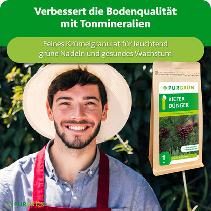 Lächelnder Gärtner neben dem Düngerbeutel; Tonmineralien verbessern die Bodenqualität, feines Krümelgranulat fördert leuchtend grüne Nadeln und gesundes Wachstum.