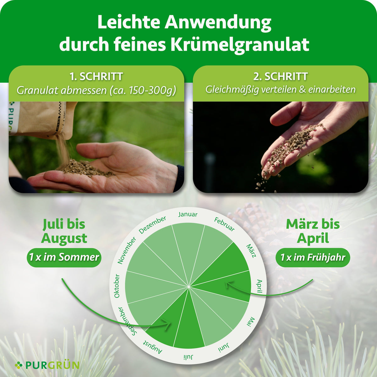 Anwendung: ca. 150–300 g Granulat abmessen, gleichmäßig verteilen und einarbeiten. Einmal von März bis April und einmal von Juli bis August düngen.
