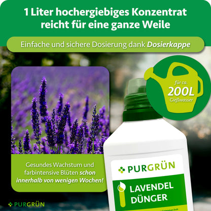 1 Liter Konzentrat reicht für ca. 200 Liter Gießwasser und lässt sich mit der Dosierkappe einfach dosieren; beworben werden gesundes Wachstum und farbintensive Blüten innerhalb weniger Wochen.