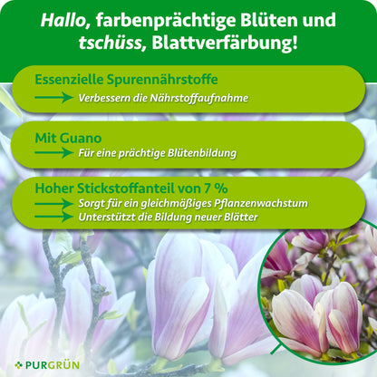 Spurennährstoffe verbessern die Nährstoffaufnahme und 7 % Stickstoff unterstützen gleichmäßiges Wachstum sowie neue Blätter. Mit Guano für eine prächtige Blütenbildung.