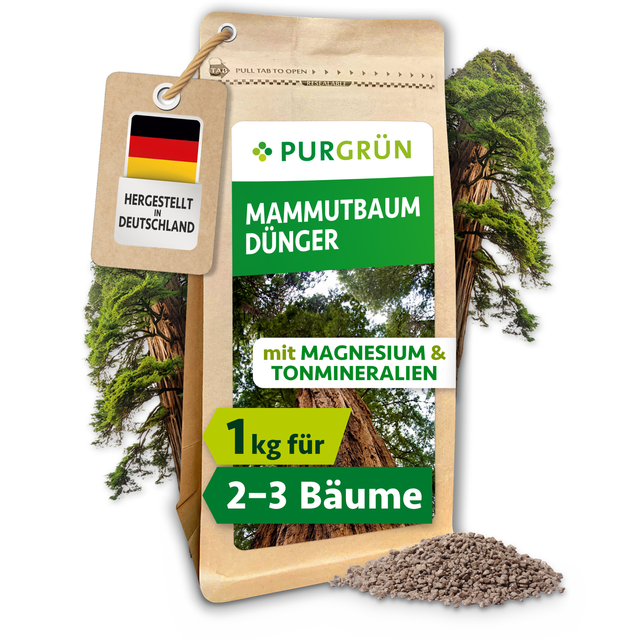 Purgrün Mammutbaum-Dünger im 1-kg-Beutel für ca. 2–3 Mammutbäume, mit Magnesium und Tonmineralien.
