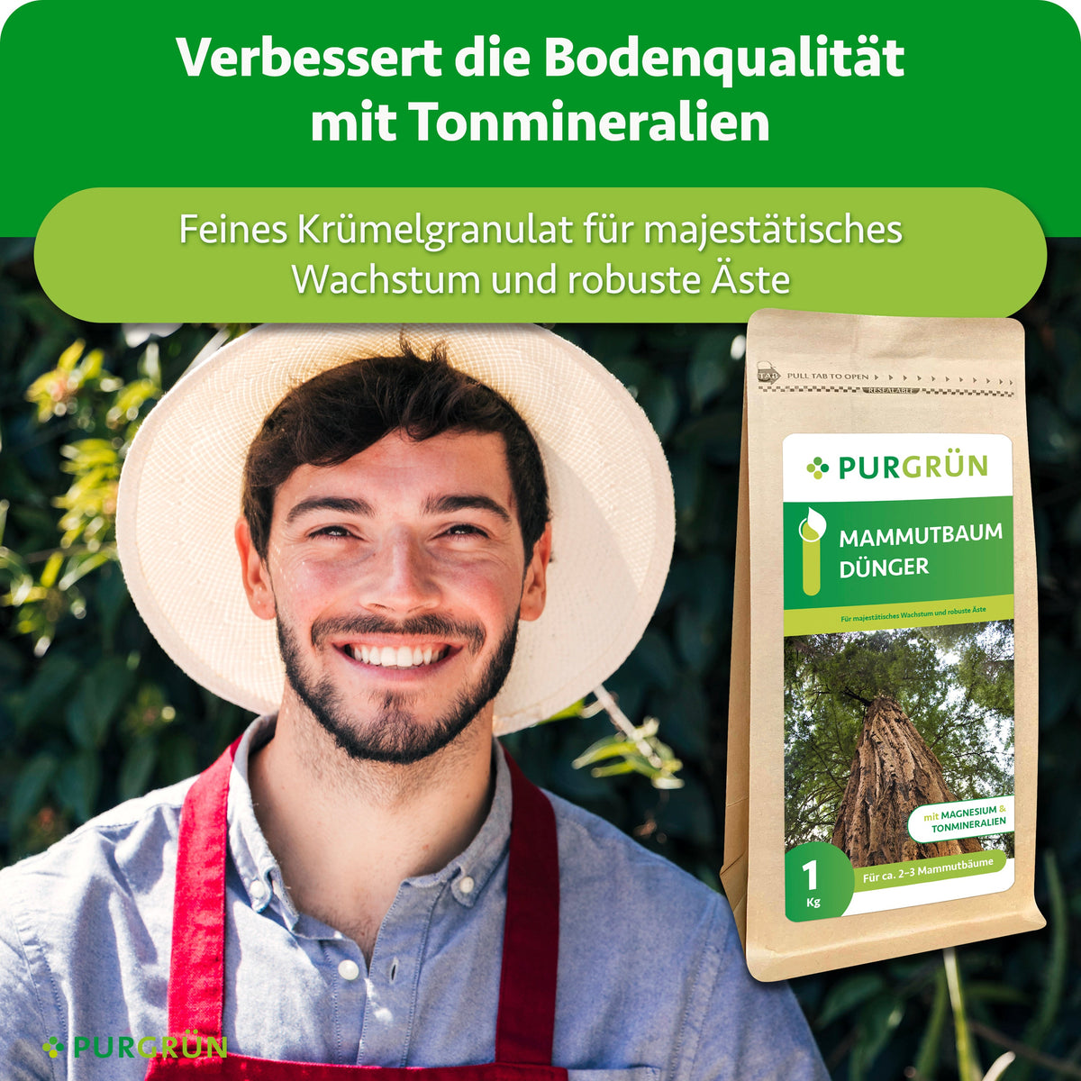 Tonmineralien verbessern die Bodenqualität; feines Krümelgranulat ist für majestätisches Wachstum und robuste Äste bestimmt.