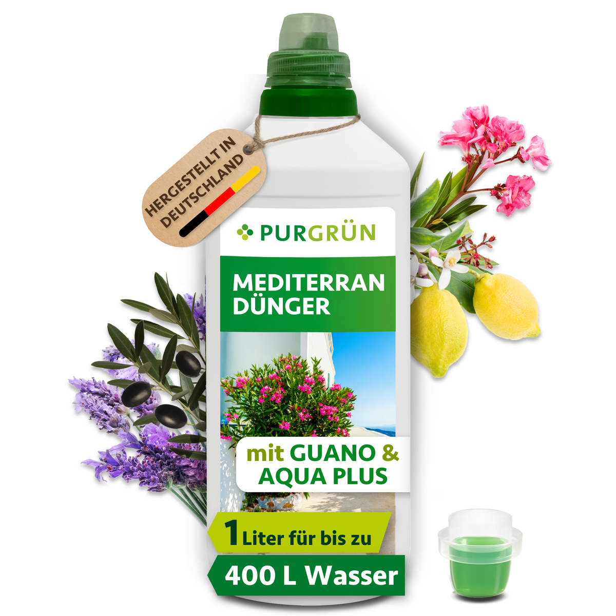 Purgrün Mediterran-Dünger im 1-Liter-Gebinde mit Dosierkappe, Guano und Aqua Plus, ausreichend für bis zu 400 Liter Gießwasser.