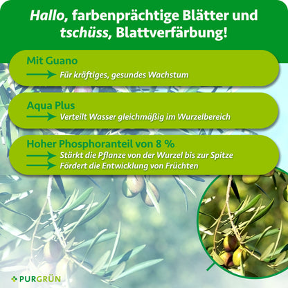 Mit Guano für kräftiges, gesundes Wachstum. Aqua Plus verteilt Wasser gleichmäßig im Wurzelbereich. 8 % Phosphor stärken die Pflanze und fördern die Fruchtentwicklung.