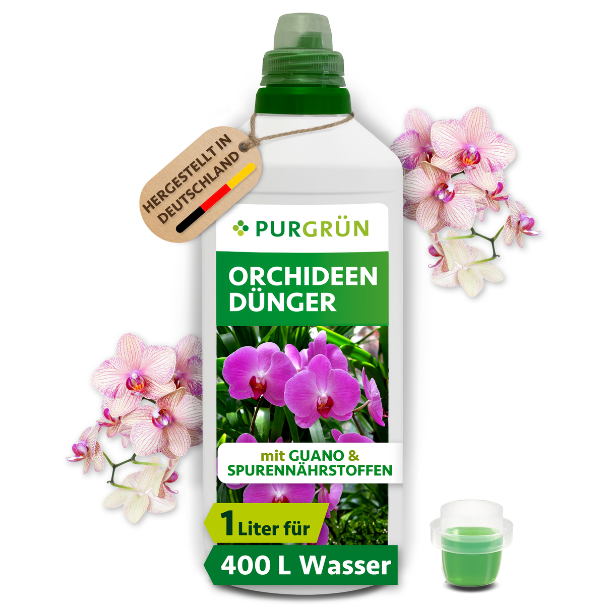 Purgrün Orchideendünger, 1-Liter-Flasche mit Dosierkappe, Guano und Spurennährstoffen; ausreichend für ca. 400 Liter Gießwasser.
