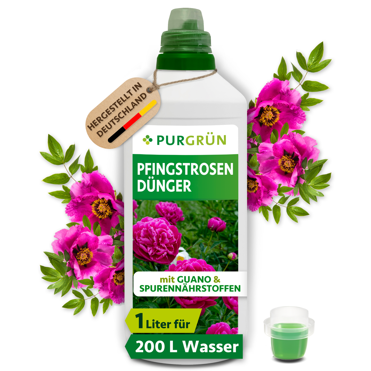 Purgrün Pfingstrosen-Dünger, 1 Liter, mit Dosierkappe für ca. 200 Liter Gießwasser, umrahmt von pinken Pfingstrosen.