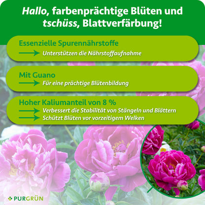 Essenzielle Spurennährstoffe unterstützen die Nährstoffaufnahme und 8 % Kalium stärken Stängel und Blätter und schützen Blüten vor vorzeitigem Welken. Mit Guano für eine prächtige Blütenbildung.