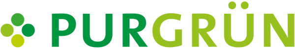 Logo für PURGRÜN mit grün-gelbem kleeblattähnlichem Symbol auf der linken Seite und dem Markennamen in grünen Großbuchstaben mit Farbverlauf, mit zwei Punkten über dem U in GRÜN.