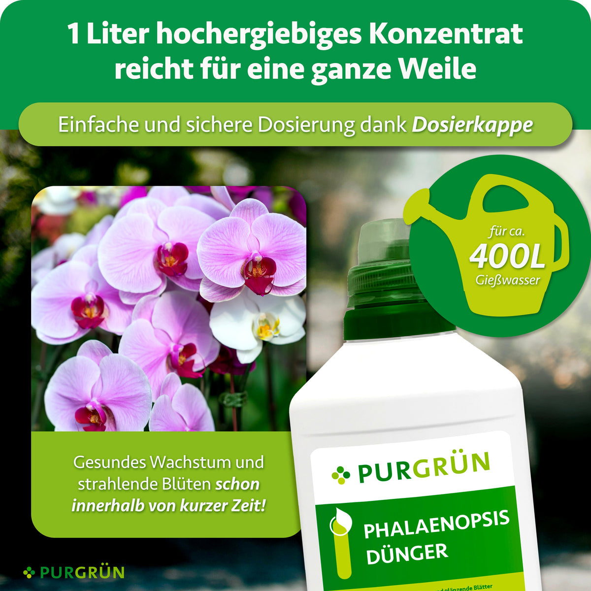 1 Liter hochergiebiges Konzentrat reicht dank Dosierkappe für ca. 400 Liter Gießwasser.