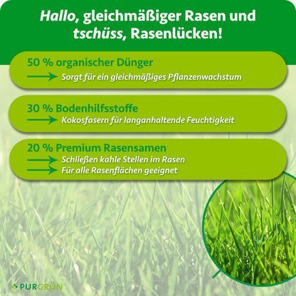 Zusammensetzung: 50 % organischer Dünger, 30 % Bodenhilfsstoffe mit Kokosfasern und 20 % Premium-Rasensamen zum Schließen kahler Stellen.