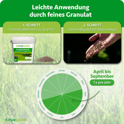 Anwendung: ca. 20 g/m² Granulat abmessen und gleichmäßig auf den Rasen streuen. Einmal pro Jahr von April bis September anwenden.