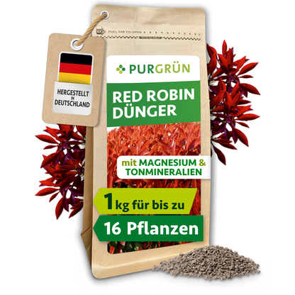 Packung Purgrün Red-Robin-Dünger, 1 kg, mit Granulat und roten Glanzmispelblättern sowie „Made in Germany“-Anhänger.