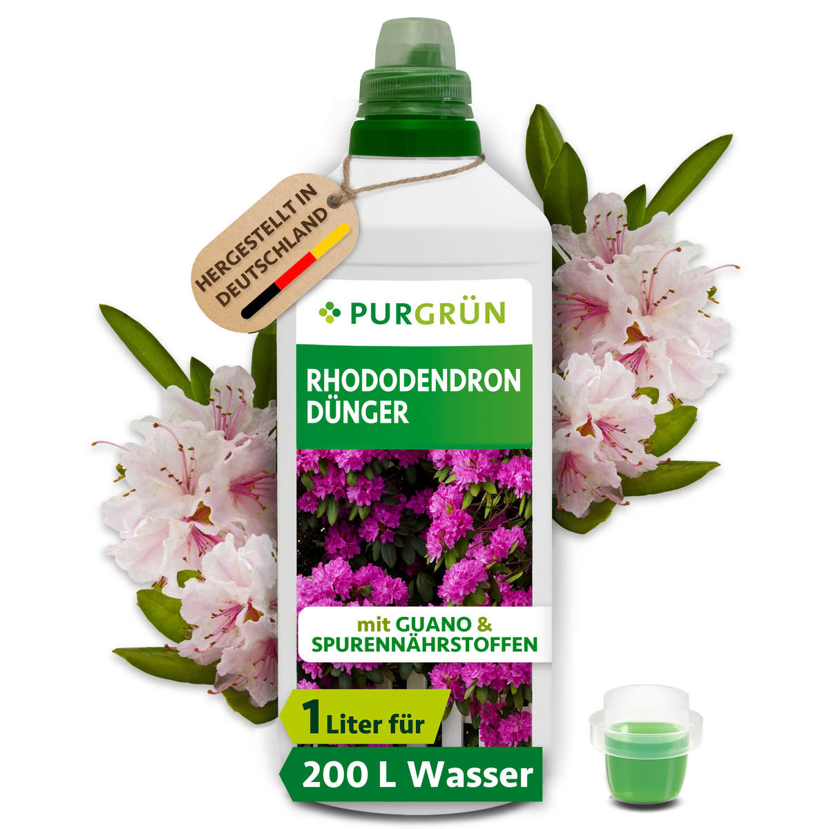 Purgrün Rhododendron-Dünger in der 1-Liter-Flasche mit Dosierkappe und Rhododendronblüten; reicht für ca. 200 Liter Gießwasser.