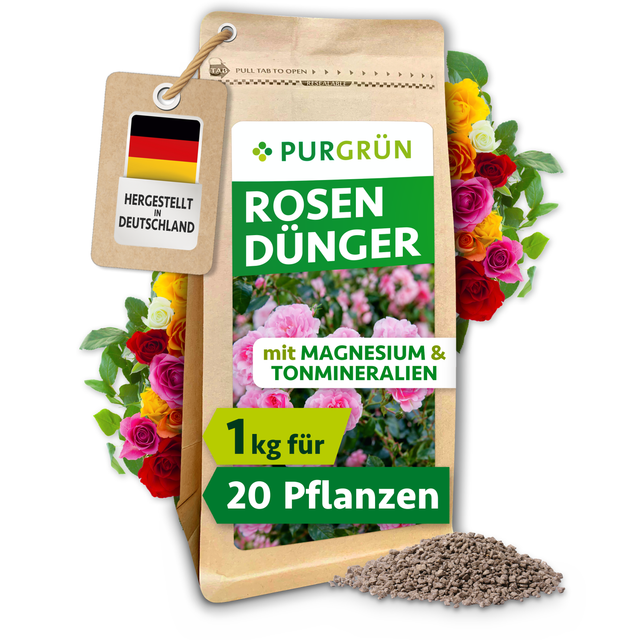 1-kg-Beutel Purgrün Rosendünger für ca. 20 Pflanzen, mit Magnesium und Tonmineralien, umgeben von Rosen und feinem Granulat.