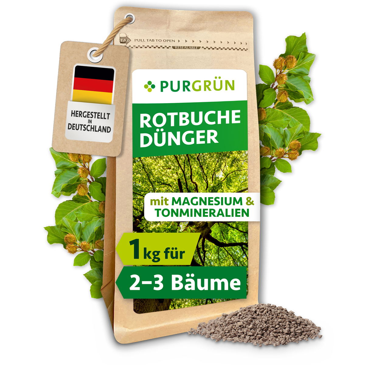 Purgrün Rotbuche-Dünger im wiederverschließbaren 1-kg-Beutel, umgeben von Rotbuchenblättern und feinem Granulat.