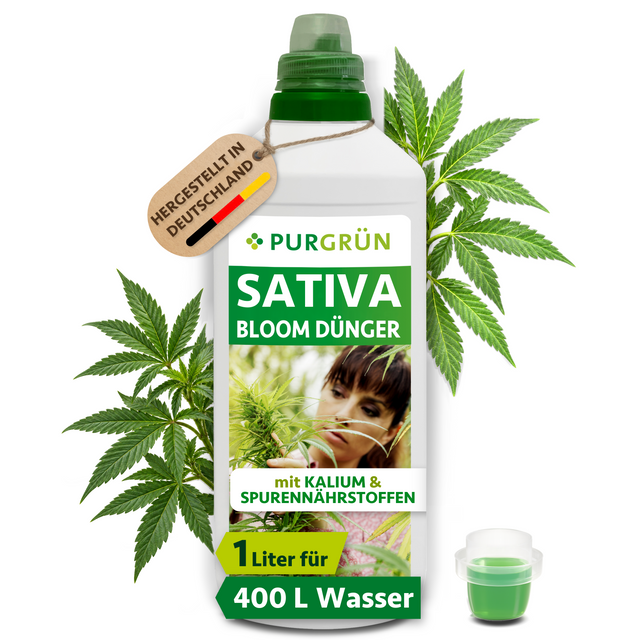 Purgrün Sativa-Bloom-Dünger in der 1-Liter-Flasche mit Dosierkappe, ausreichend für ca. 400 Liter Gießwasser.