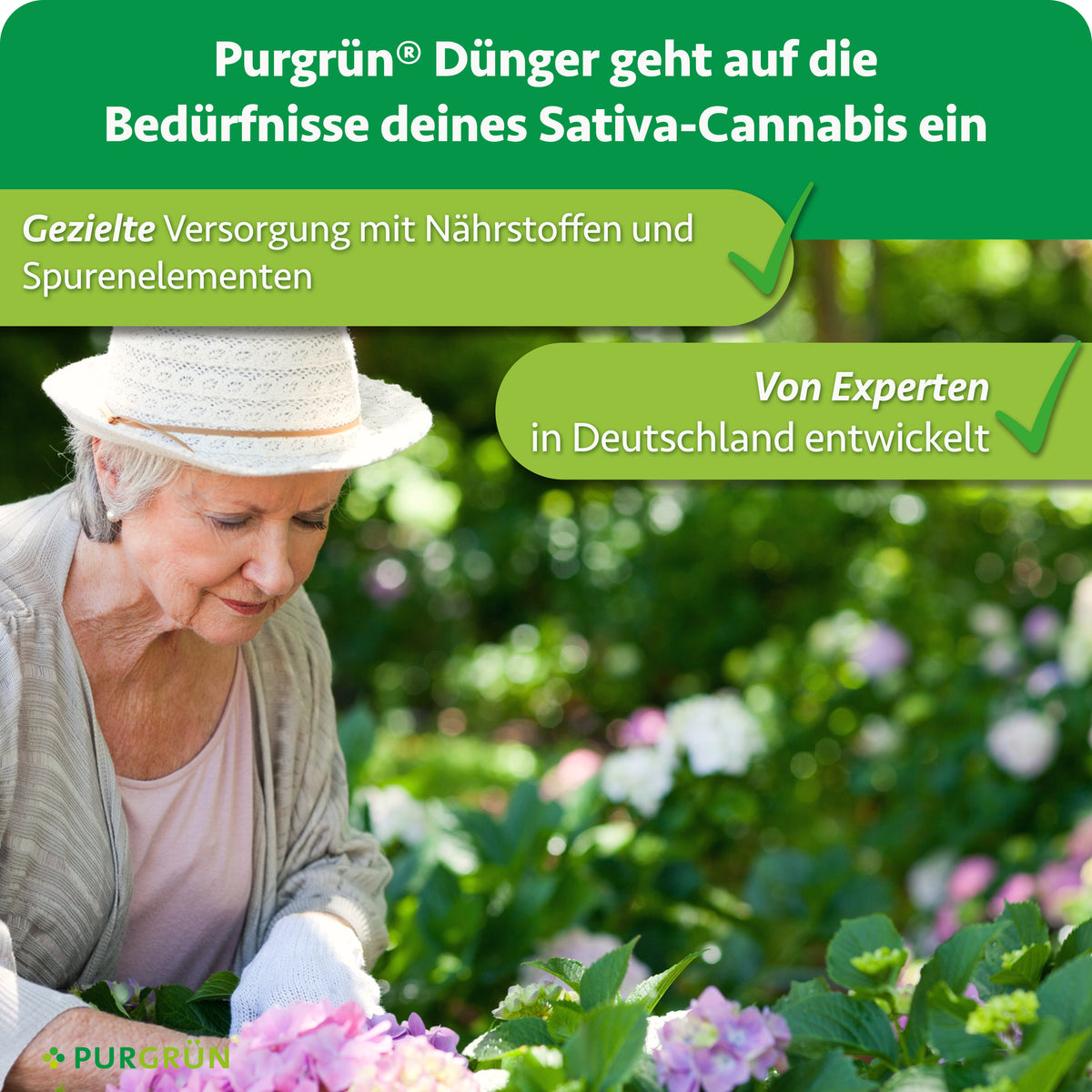 Purgrün Sativa-Bloom-Dünger: gezielte Versorgung mit Nährstoffen und Spurenelementen, von Experten in Deutschland entwickelt.