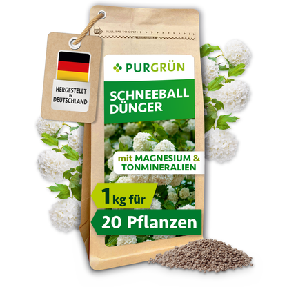 Purgrün Schneeball-Dünger im 1-kg-Beutel für ca. 20 Pflanzen, mit Magnesium und Tonmineralien.