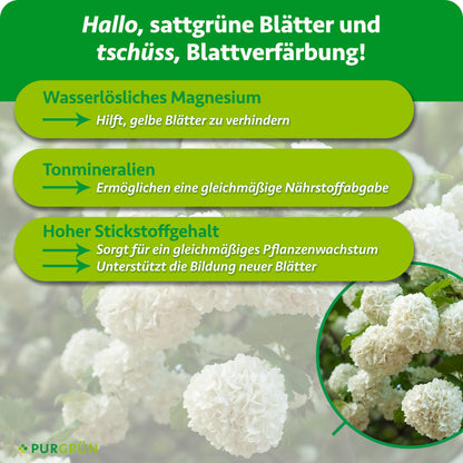 Wasserlösliches Magnesium hilft, gelbe Blätter zu verhindern, Tonmineralien ermöglichen eine gleichmäßige Nährstoffabgabe und hoher Stickstoffgehalt unterstützt Pflanzenwachstum und Blattbildung.