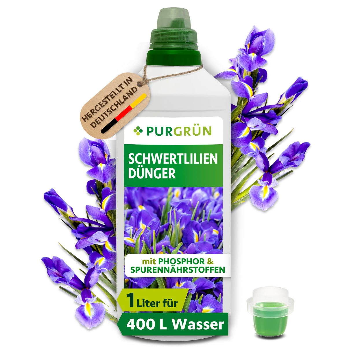 Purgrün Schwertlilien-Dünger, 1 Liter, mit Dosierkappe; Konzentrat für ca. 400 Liter Gießwasser.