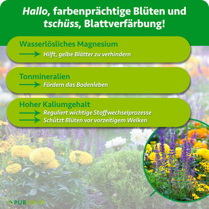 Wasserlösliches Magnesium hilft, gelbe Blätter zu verhindern, Tonmineralien fördern das Bodenleben und Kalium reguliert Stoffwechselprozesse sowie vorzeitiges Welken.