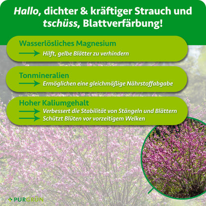Wasserlösliches Magnesium hilft, gelbe Blätter zu verhindern, Tonmineralien ermöglichen eine gleichmäßige Nährstoffabgabe. Hoher Kaliumgehalt verbessert die Stabilität von Stängeln und Blättern und schützt Blüten vor vorzeitigem Welken.