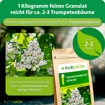 1 kg feines Granulat reicht für ca. 2–3 Trompetenbäume und enthält auf sie abgestimmte Inhaltsstoffe. Gesundes Wachstum und viele Blüten schon innerhalb weniger Wochen.