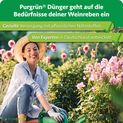 Purgrün Bio-Weinreben-Dünger: gezielte Versorgung mit pflanzlichen Nährstoffen, von Experten in Deutschland entwickelt.