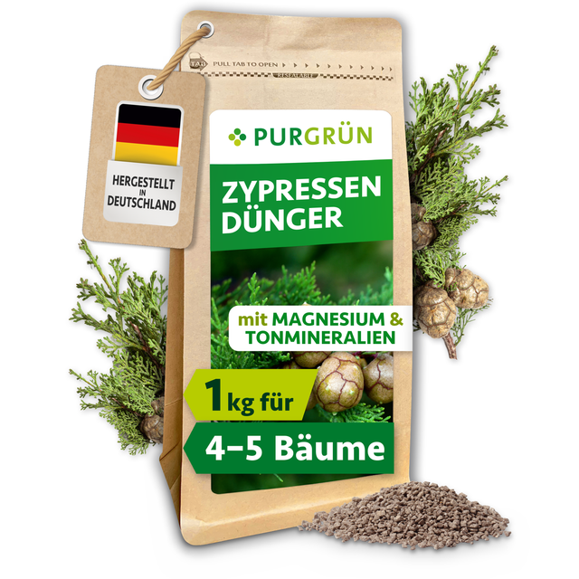 Purgrün Zypressen-Dünger im 1-kg-Standbeutel mit Zypressenzweigen und feinem Granulat, laut Etikett für ca. 4–5 Zypressen.